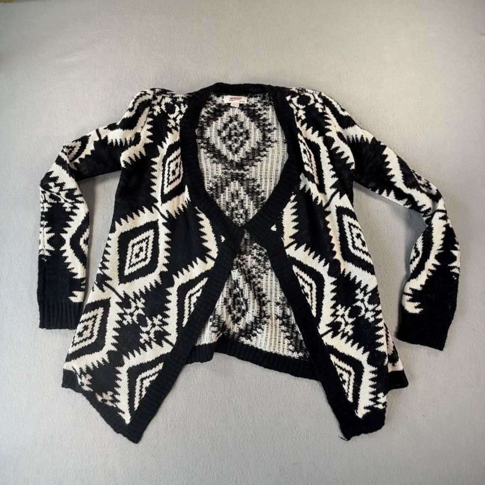 Open Front Cardigan Womens S Black Cream Aztec Geometric Boho Southwestern Knit